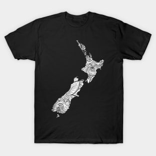 Mandala art map of New Zealand with text in white T-Shirt